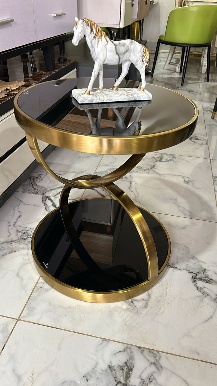 Luxury Black Glass Round Side Table with Gold Metal Edges