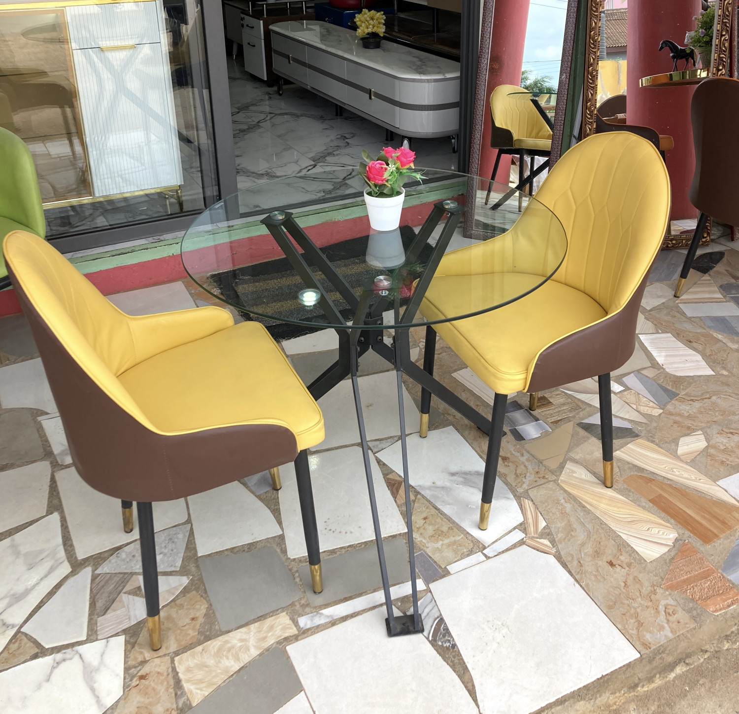 Modern Elegance 2-Seater Glass Dining Set (Yellow & Brown Chairs)