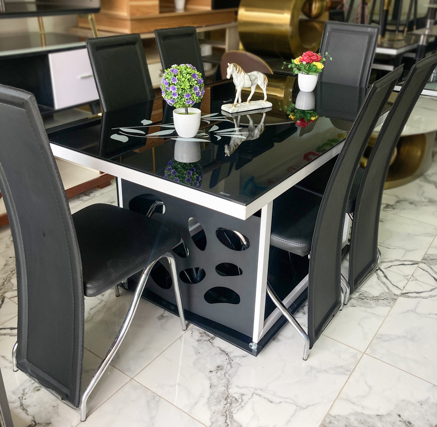 Modern Double Glass 6 Seater Dining Table Set