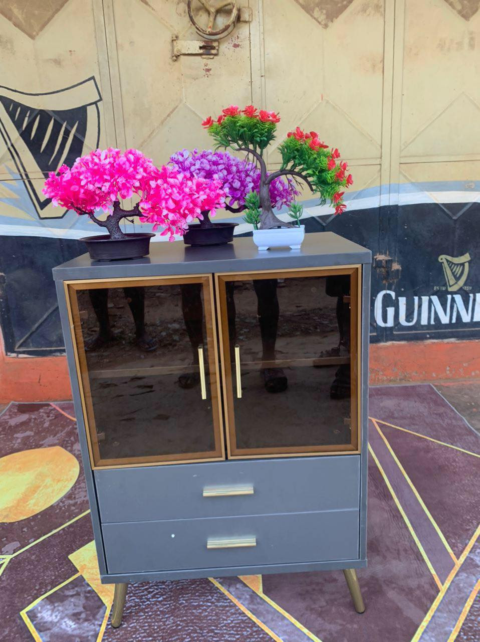 Grey Console Table with 2 Glass doors and 2 drawer