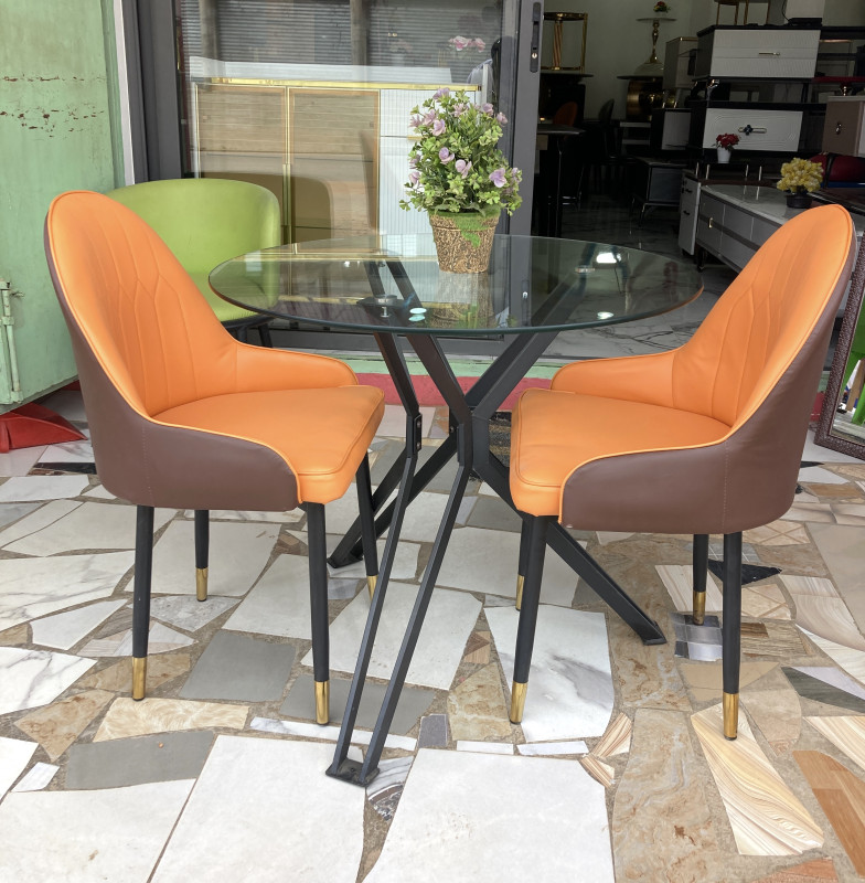 Modern Elegance 2-Seater Glass Dining Set (Orange & Brown Chairs)