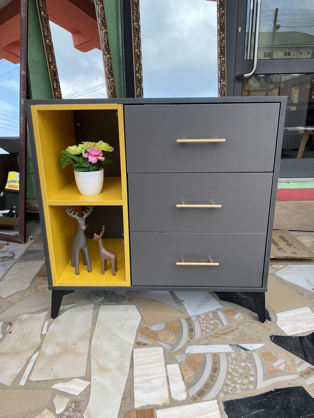 Grey and Yellow Console Table with 3 drawer