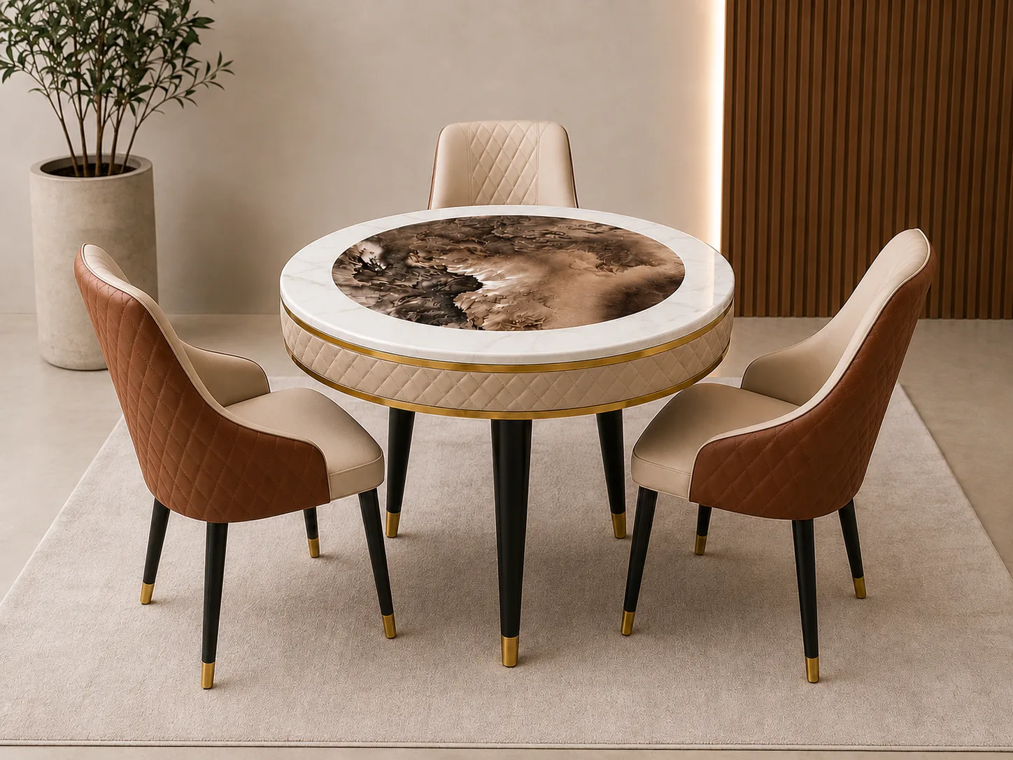 Luxe Round Marble Dining Set – 3 Seater
