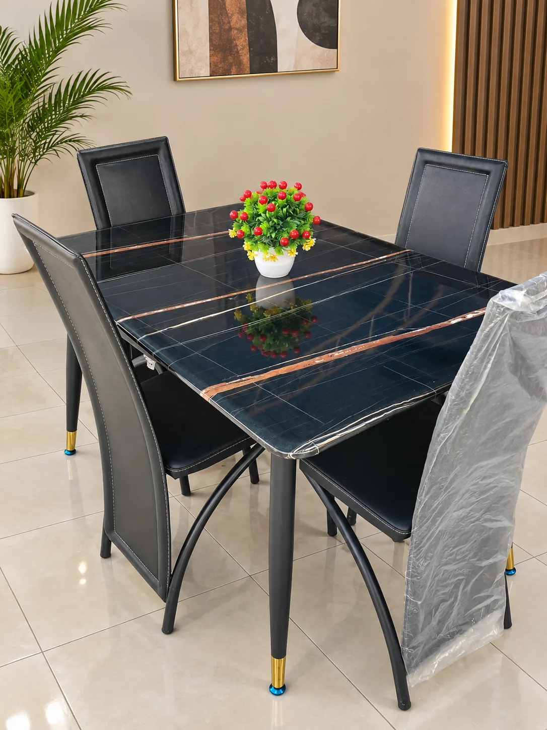 Noir Luxe Marble 4-Seater Dining Set