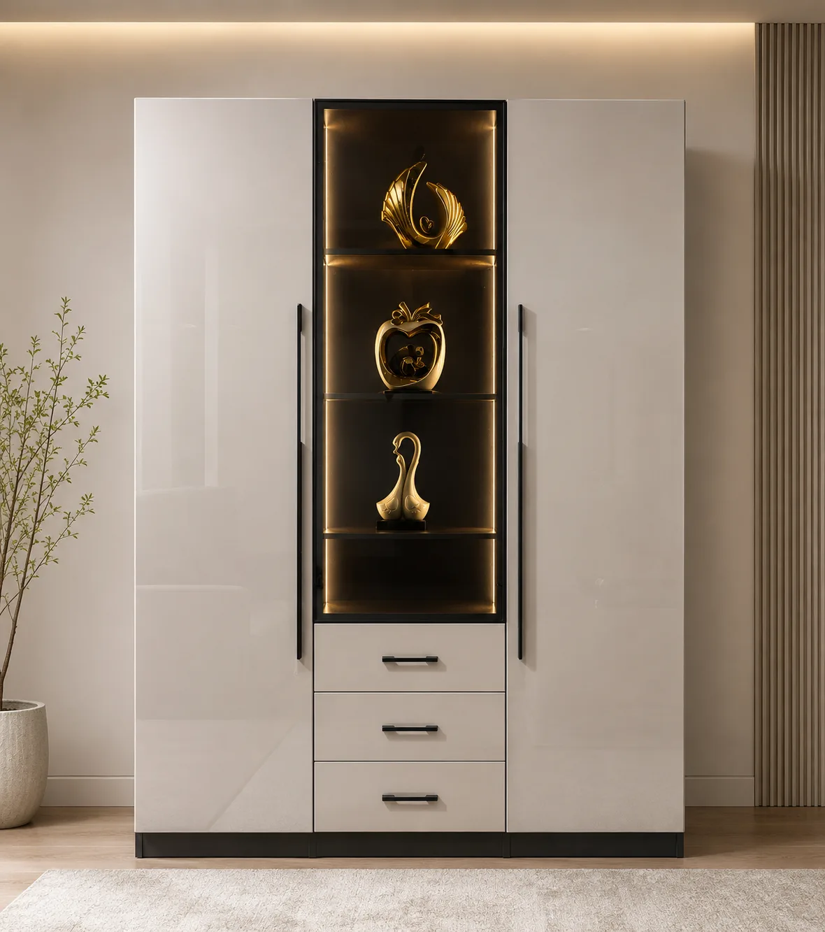 Luxury 3-Door Wardrobe with Wooden & Glass Finish with warm LED
