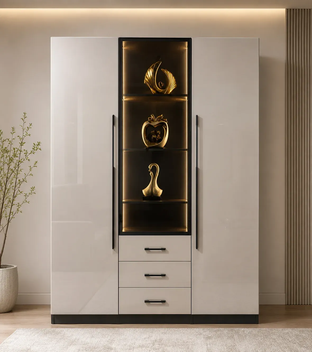Luxury 3-Door Wardrobe with Wooden & Glass Finish with warm LED