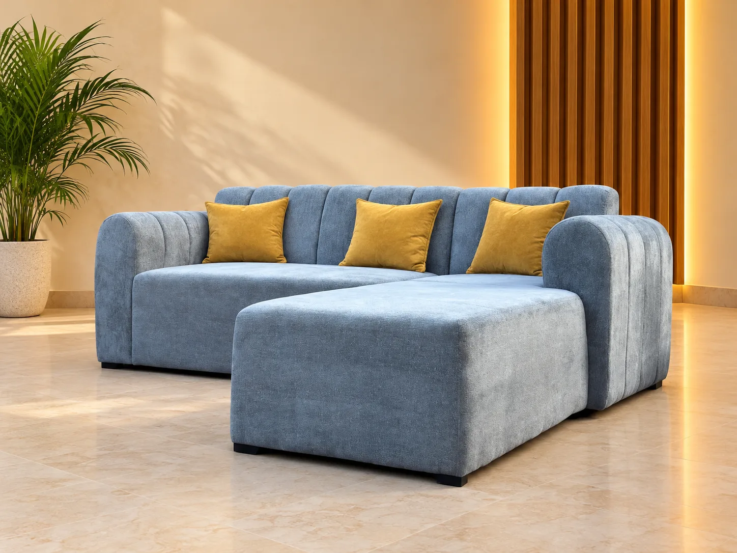 Lala Haven L-Shaped Sofa with Mustard Accent Pillows