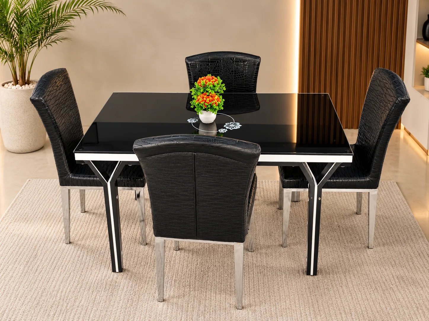 Vellora Black Glass 4-Seater Dining Set